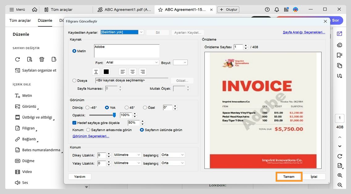 Filigran ayarları açık olan PDF'de, Tamam düğmesiyle değişiklikleri onaylamadan önce metin kaynağı, döndürme, opaklık ve ölçekleme seçenekleri gösteriliyor.