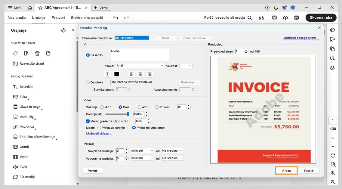 PDF z odprtimi nastavitvami vodnega žiga, ki prikazuje vir besedila, usmerjenost, prosojnost in možnosti prilagajanja velikosti pred potrditvijo sprememb z gumbom V redu.