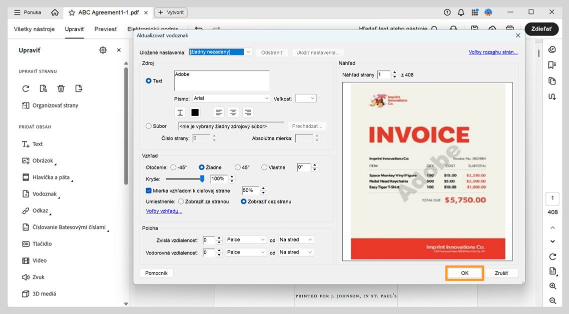 pdf súbor s otvorenými nastaveniami vodoznaku zobrazujúci zdroj textu, otáčanie, priehľadnosť a možnosti mierky pred potvrdením zmien tlačidlom OK.