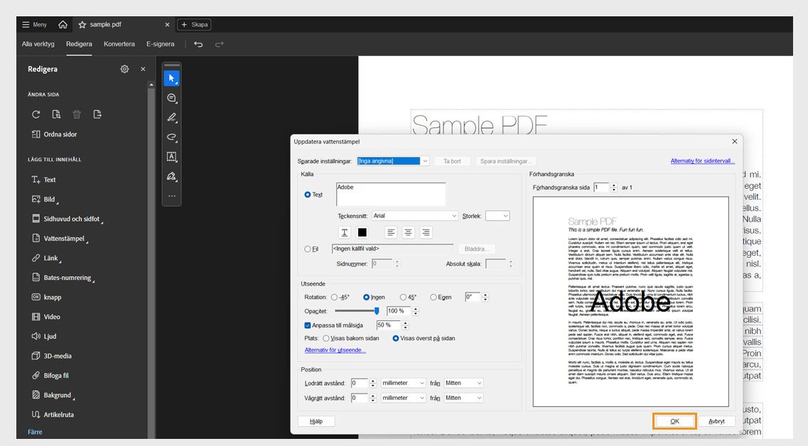 PDF med öppna vattenstämpelinställningar som visar textkälla, rotation, opacitet och skalningsalternativ innan ändringarna bekräftas med OK-knappen.