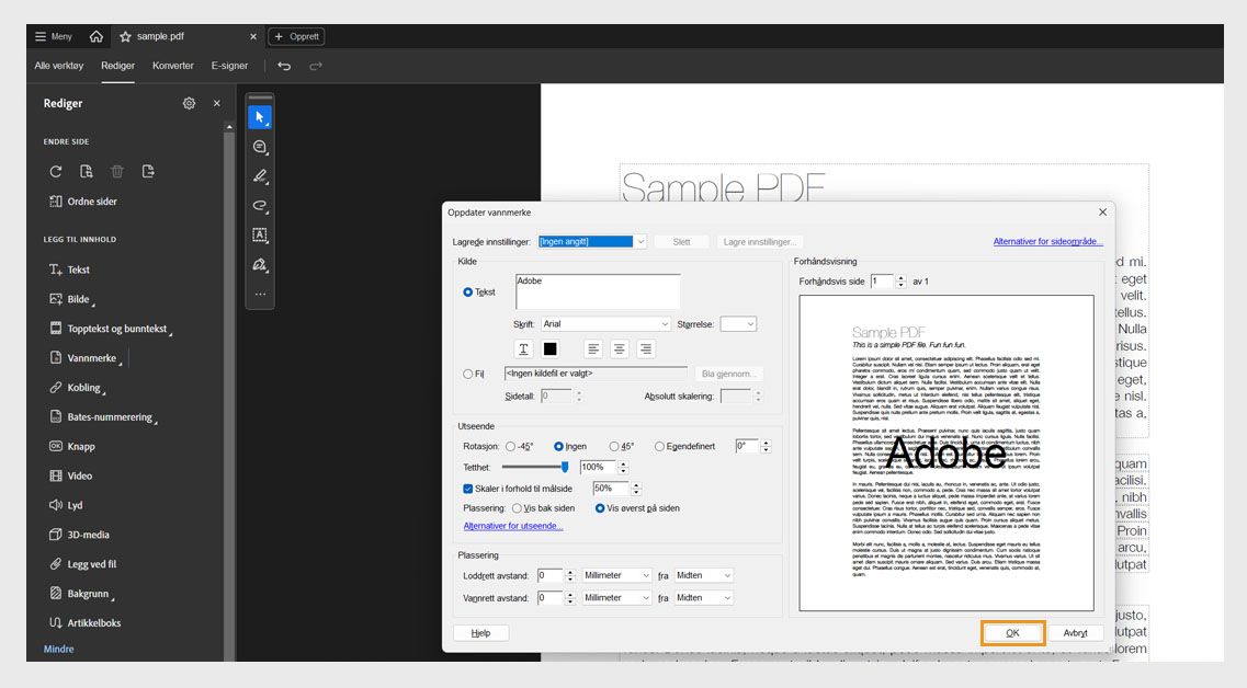 PDF med vannmerkeinnstillinger åpne som viser tekstkilde, rotasjon, gjennomsiktighet og skaleringsalternativer før du bekrefter endringer med OK-knappen.