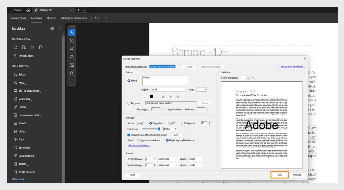 PDF, jossa vesileima-asetukset ovat auki ja tekstilähde, kierto, peittävyys ja skaalausasetukset näkyvät ennen muutosten vahvistamista OK-painikkeella.