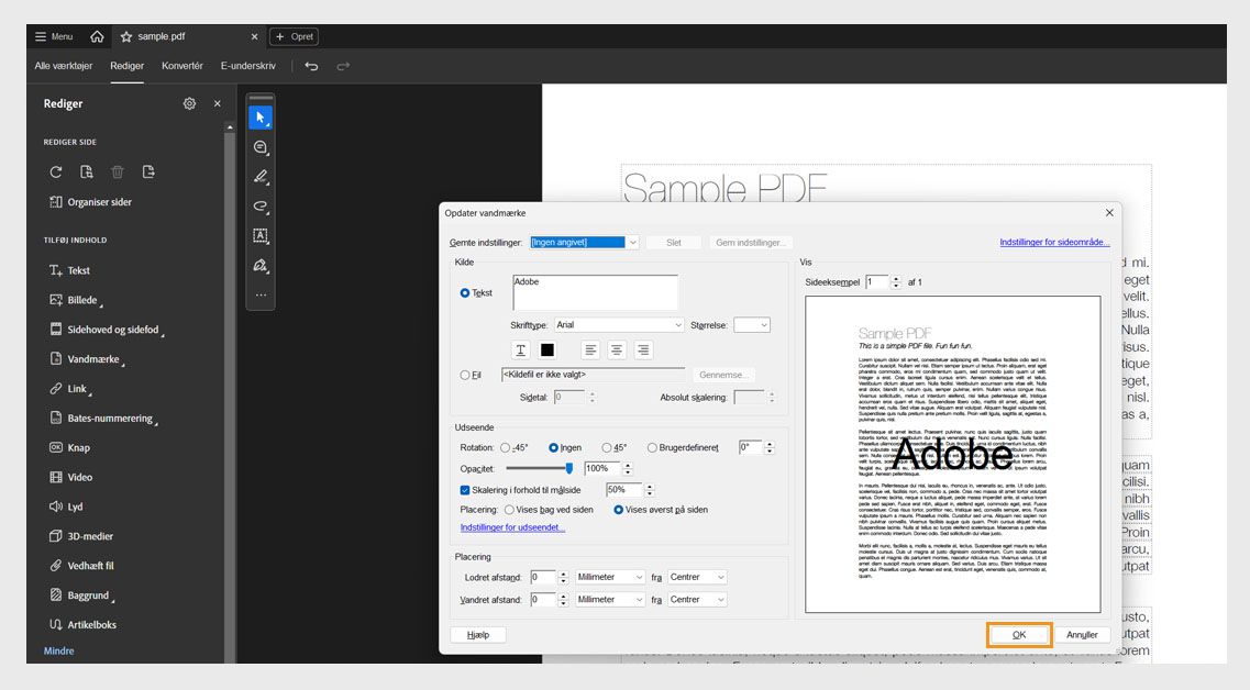 PDF med åbne vandmærkeindstillinger, der viser indstillinger for tekstkilde, rotation, opacitet og skalering, før ændringer bekræftes med knappen OK.
