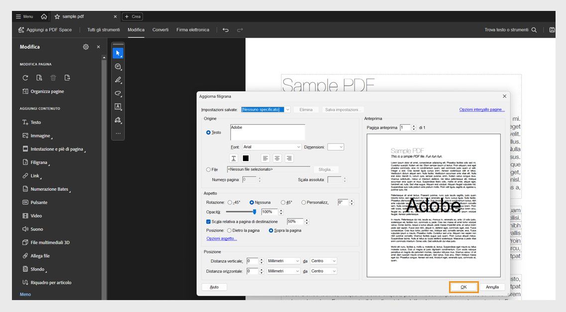 PDF con impostazioni della filigrana aperte che mostrano l’origine del testo, la rotazione, l’opacità e le opzioni di ridimensionamento prima di confermare le modifiche con il pulsante OK.