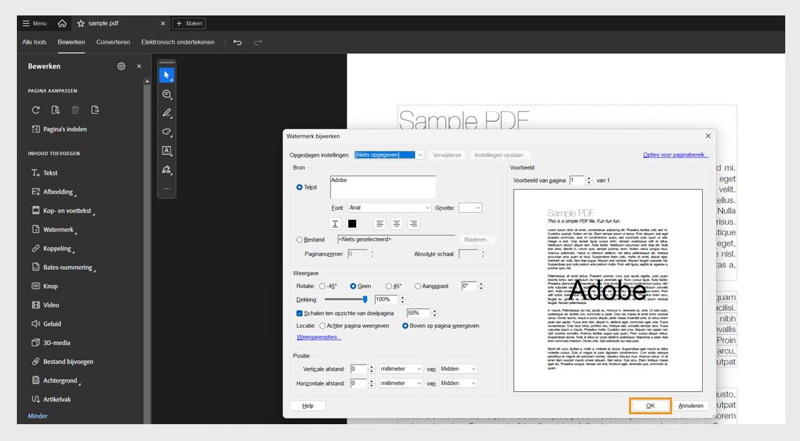 PDF met geopende watermerkinstellingen waarin opties voor tekstbron, rotatie, dekking en schaal worden weergegeven voordat de wijzigingen worden bevestigd met de knop OK.