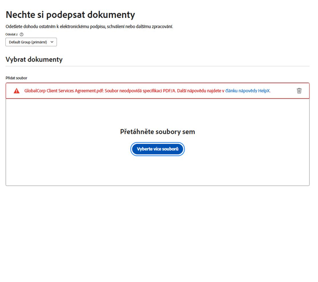Stránka žádosti o podpis s chybou nahrávání označující, že soubor není v souladu se specifikací PDF-A.