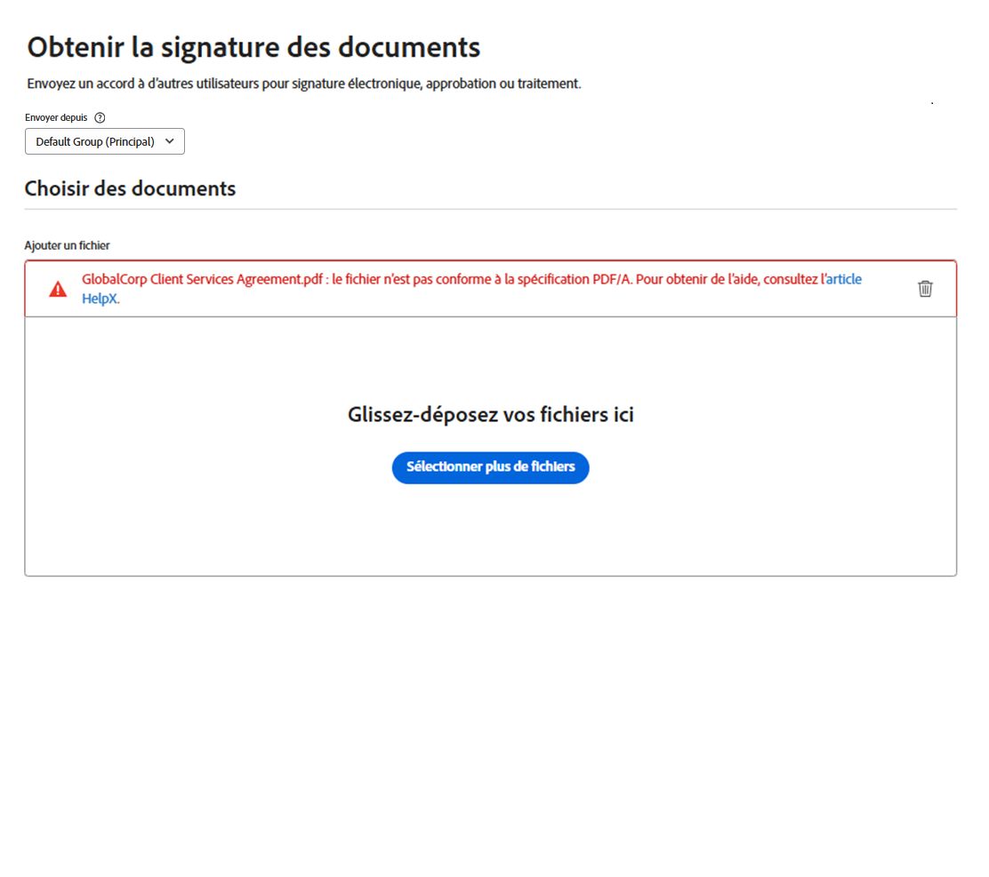 Page Demander une signature avec une erreur de chargement indiquant que le fichier n’est pas conforme à la spécification PDF-A.