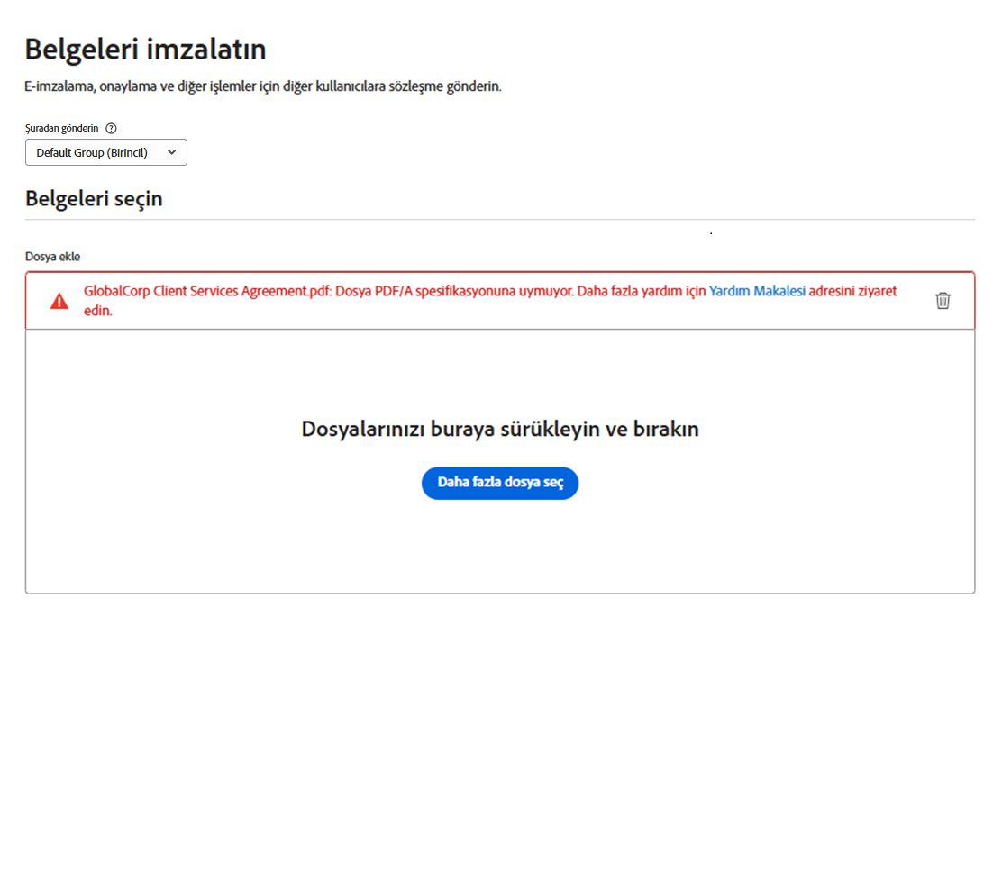 Dosyanın PDF-A özellikleriyle uyumlu olmadığını belirten bir yükleme hatası gösteren İmza İste sayfası.