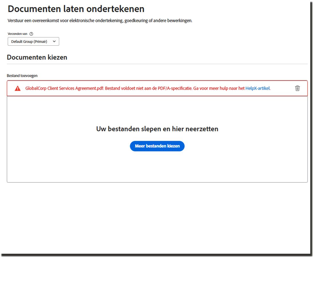 De pagina Handtekening aanvragen met een uploadfout die aangeeft dat het bestand niet voldoet aan de PDF-A-specificatie.
