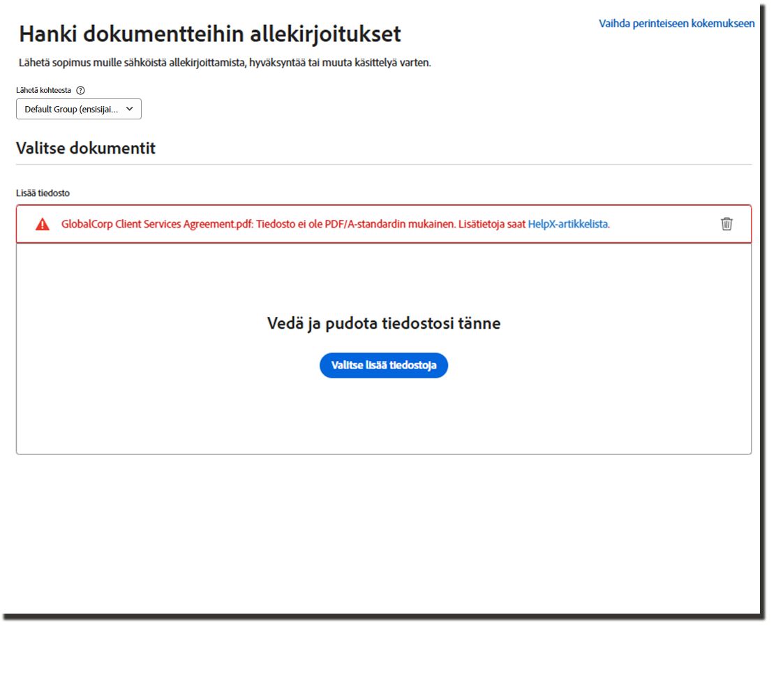 Pyydä allekirjoitusta -sivulla on latausvirhe, joka osoittaa, että tiedosto ei ole PDF-A-määrityksen mukainen.