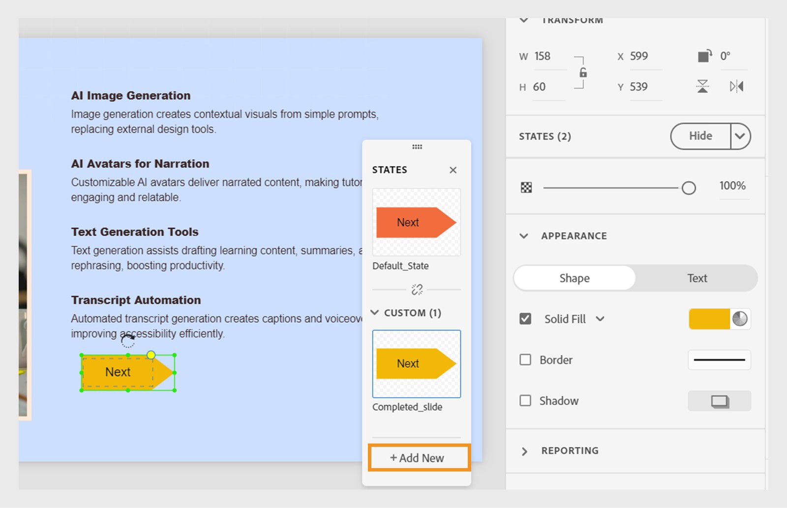 Dialog for creating a new state with a field to enter a descriptive name for the custom state.