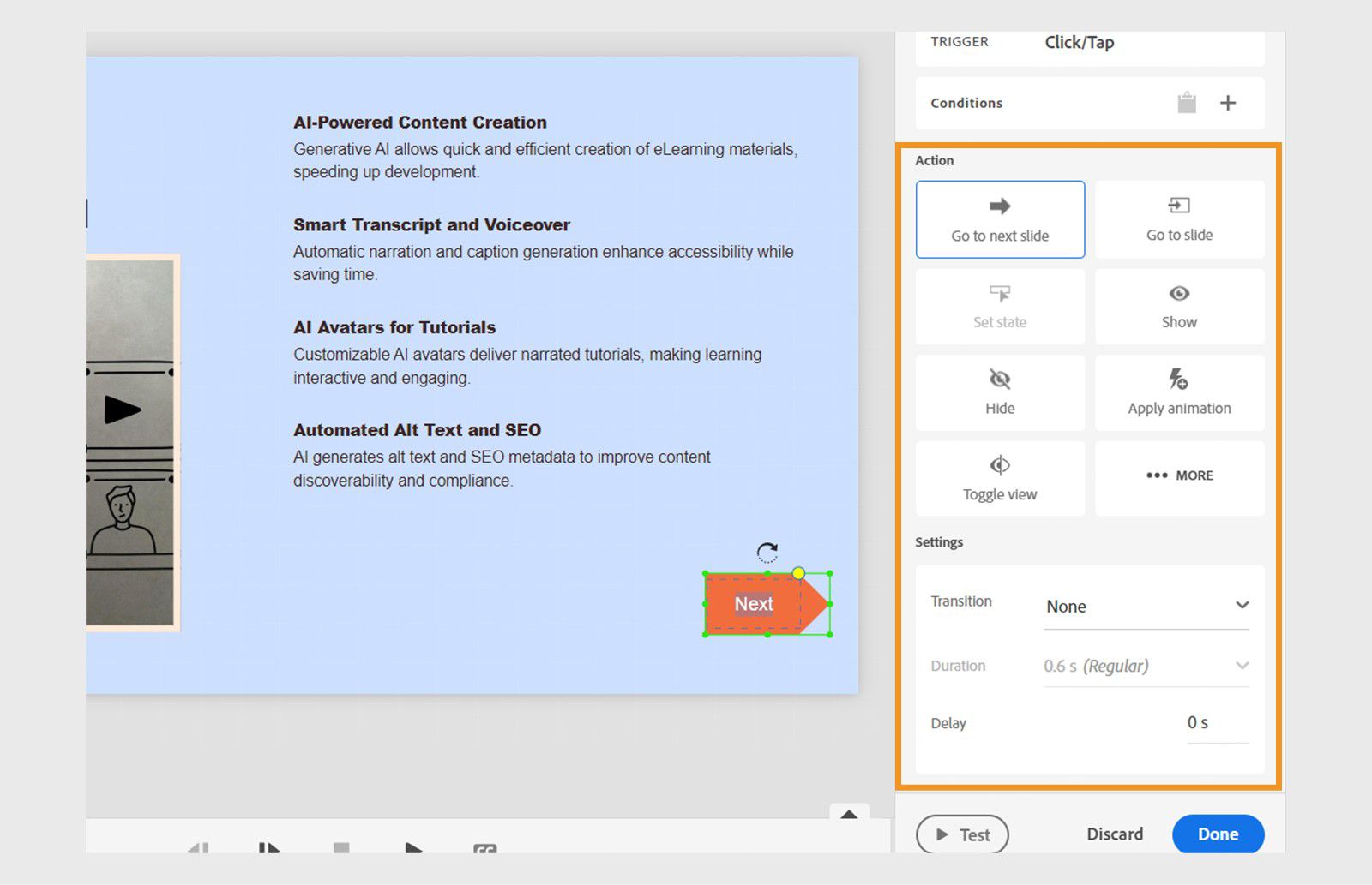 Captivate interface showing how to customize the interaction actions on imported objects