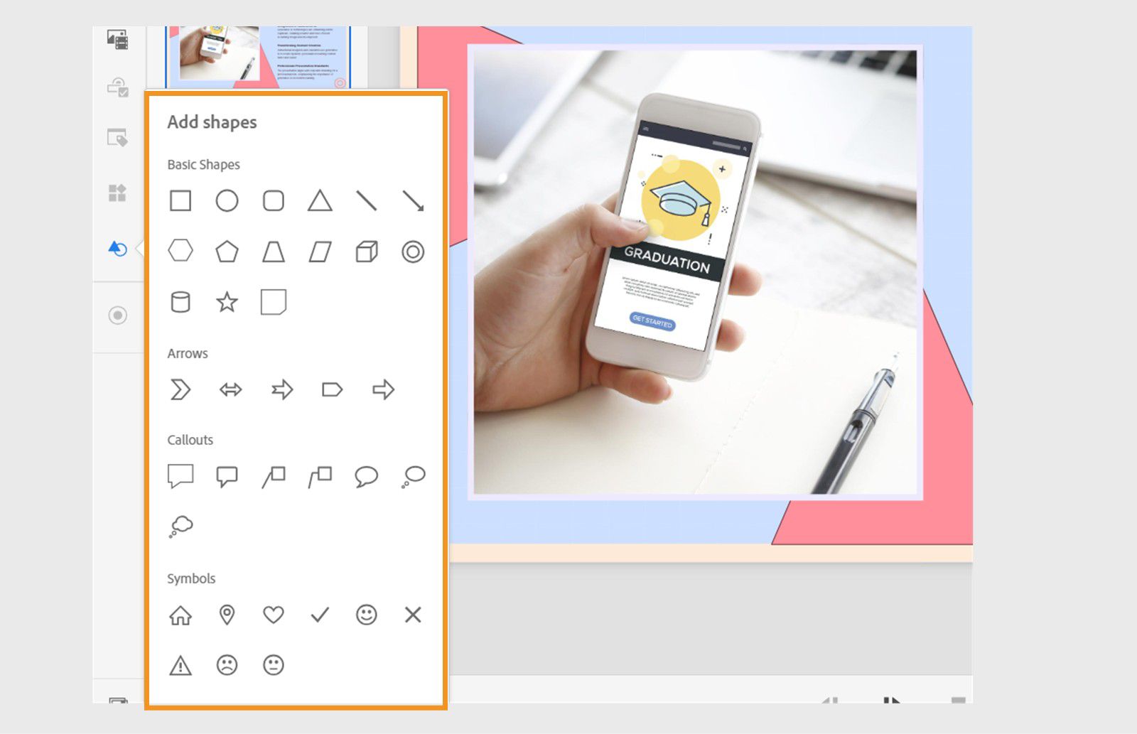 Adobe Captivate interface showing the Add shapes button selected in the left toolbar.