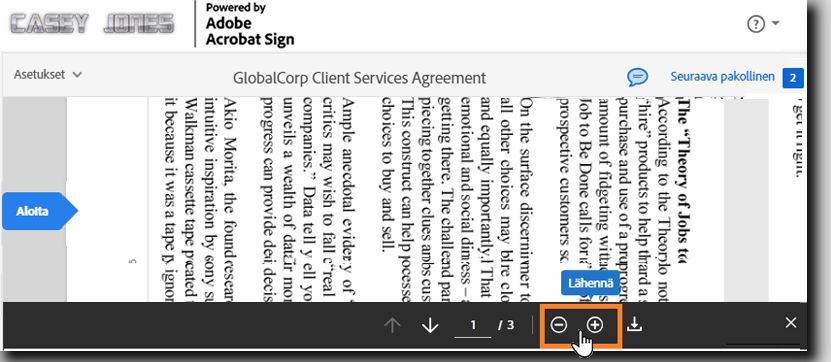 Sähköisen allekirjoituksen sivu, jolla sivun suurennussäätimet näkyvät korostettuina, on sivun alalaidassa.