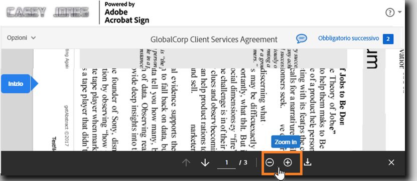 Pagina di firma elettronica che evidenzia i controlli di ingrandimento nella parte inferiore della pagina.