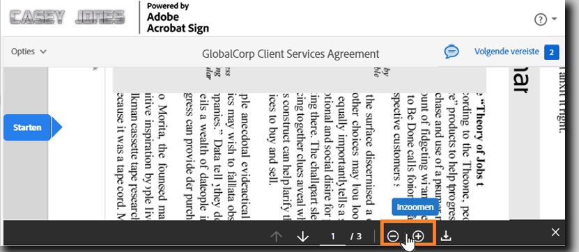 De pagina voor elektronische handtekeningen met de besturingselementen voor paginavergroting onder aan de pagina gemarkeerd.