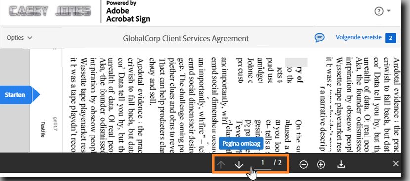 De pagina voor elektronische handtekeningen met de besturingselementen voor paginanavigatie onder aan de pagina gemarkeerd.
