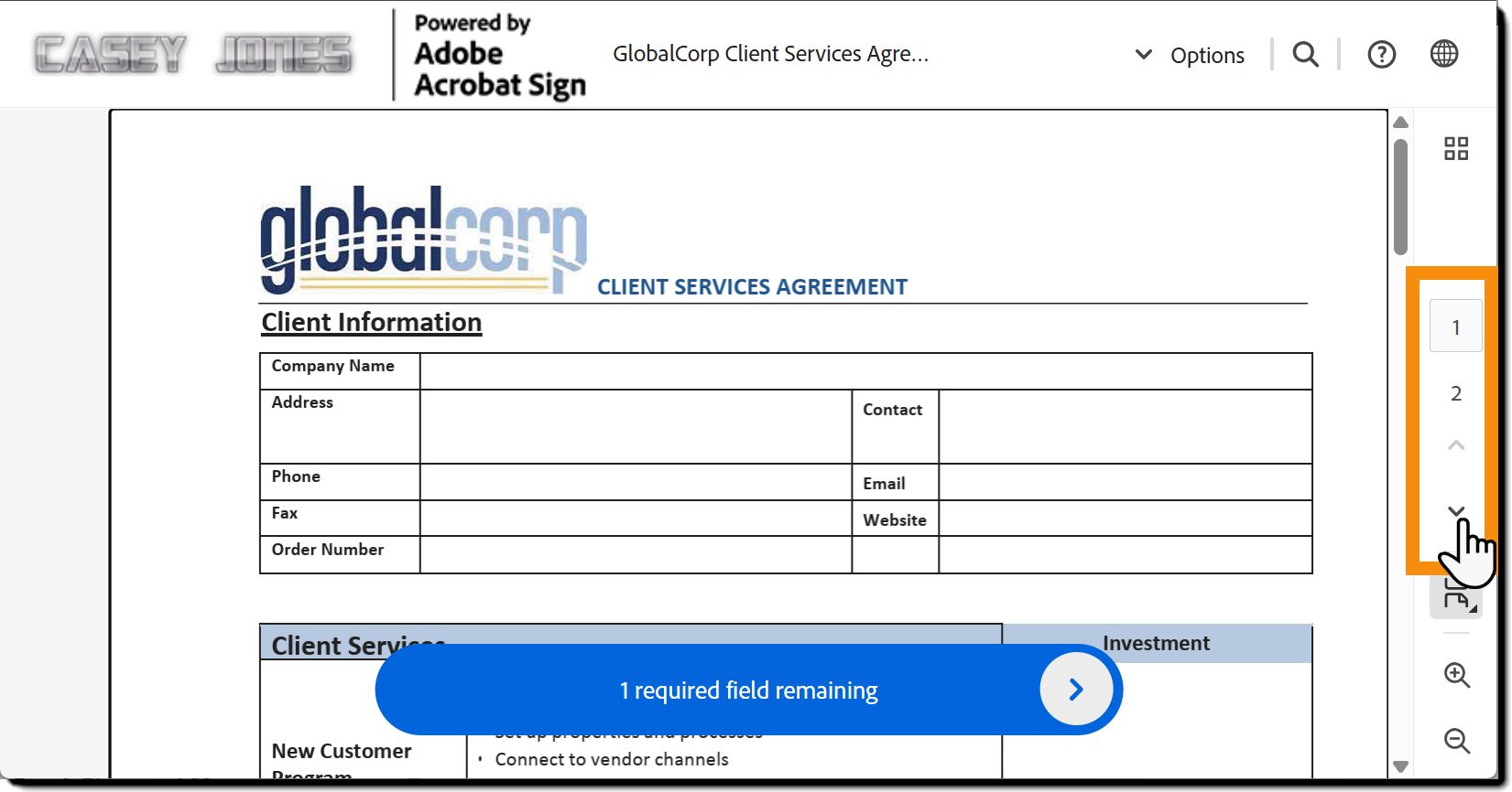 Pagina di firma elettronica che evidenzia i controlli di navigazione nella parte inferiore della pagina.