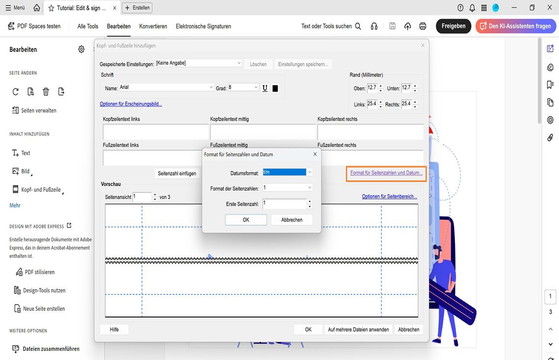 Dialogfeld für Seitenzahl- und Datumsformat mit Optionen zum Festlegen des Datumsformats, Seitenzahlformats und der Startseitenzahl in einer PDF-Datei.