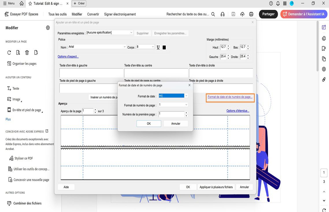 Boîte de dialogue Format de numéro de page et de date avec des options pour définir le format de date, le format de numéro de page et le numéro de page de départ dans un PDF.