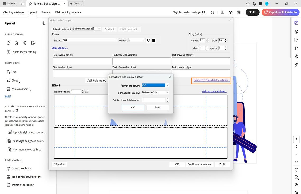 Dialogové okno Formát čísla stránky a data s možnostmi nastavení formátu data, formátu čísla stránky a počáteční stránky v souboru PDF.