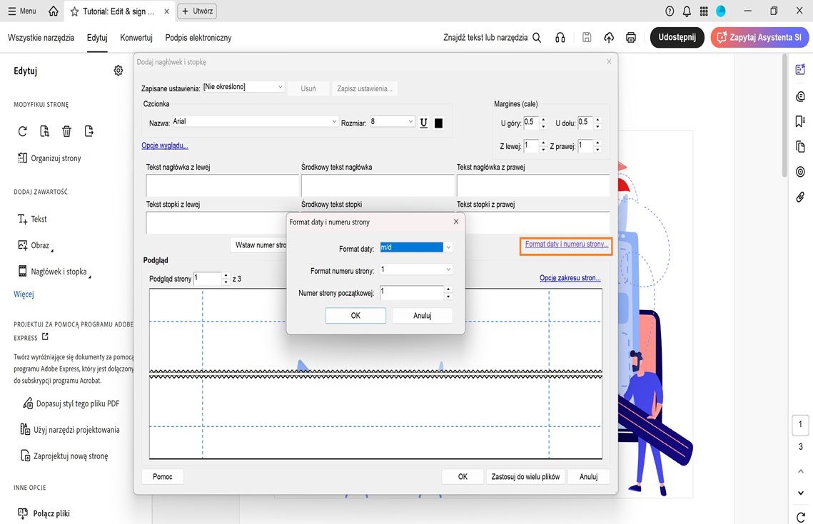 Okno dialogowe Format daty i numeru strony z opcjami ustawiania formatu daty, formatu numeru strony i numeru strony początkowej w pliku PDF.