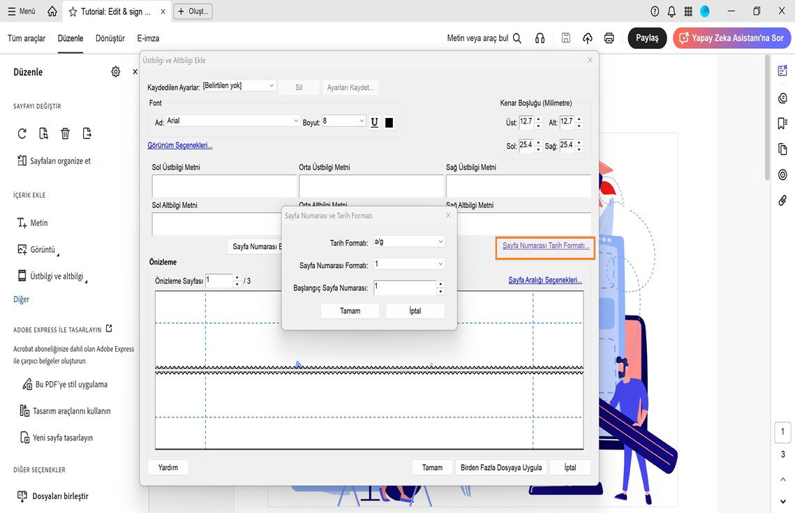 Bir PDF'de tarih biçimi, sayfa numarası biçimi ve başlangıç sayfa numarasını ayarlama seçenekleri sunan Sayfa Numarası ve Tarih Biçimi iletişim kutusu.