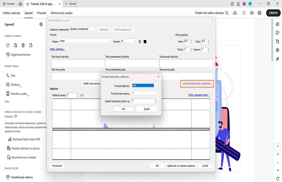 Dialógové okno Formát čísla strany a dátumu s možnosťami nastavenia formátu dátumu, formátu čísla strany a počiatočného čísla strany v súbore PDF.