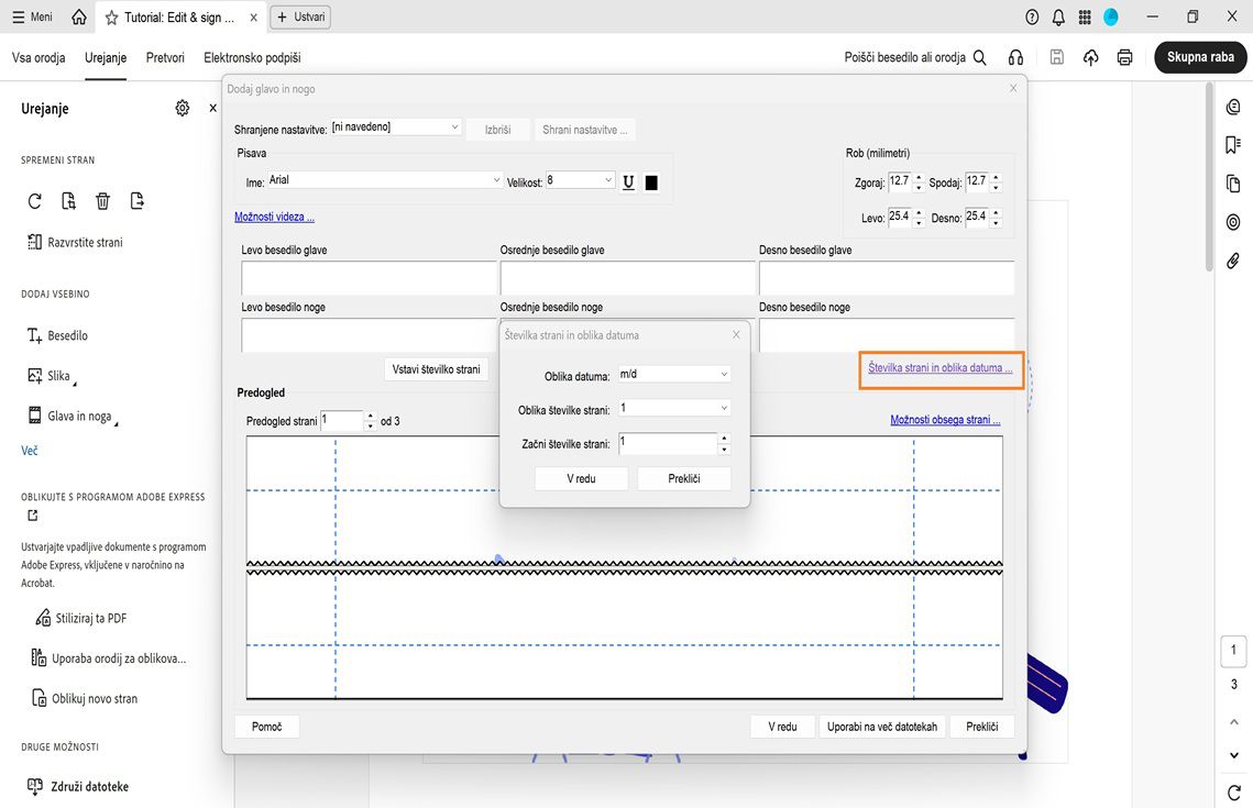 Pogovorno okno Številka strani in oblika datuma z možnostmi za nastavitev oblike datuma, oblike zapisa številke strani in začetne številke strani v PDF-ju.
