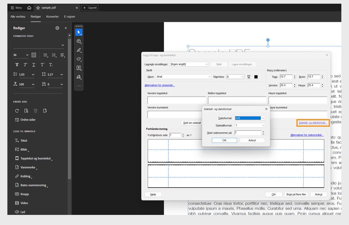 Dialogboksen «Sidetall- og datoformat» med alternativer for å angi datoformat, sidetallformat og startsidenummer i en PDF.