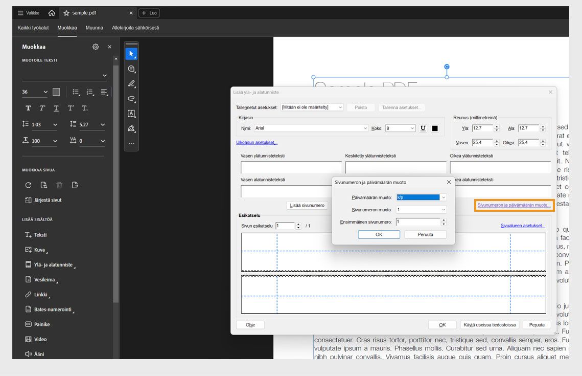 Sivunumeron ja päivämäärän muoto -valintaikkuna, jolla voi asettaa päivämäärän muodon, sivunumeron muodon ja aloitussivun numeron PDF-tiedostossa.