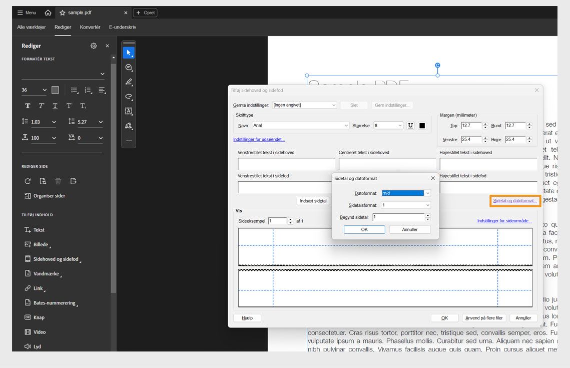 Dialogboks til sidetal- og datoformat med muligheder for at indstille datoformat, sidetalformat og startsidetal i en PDF.
