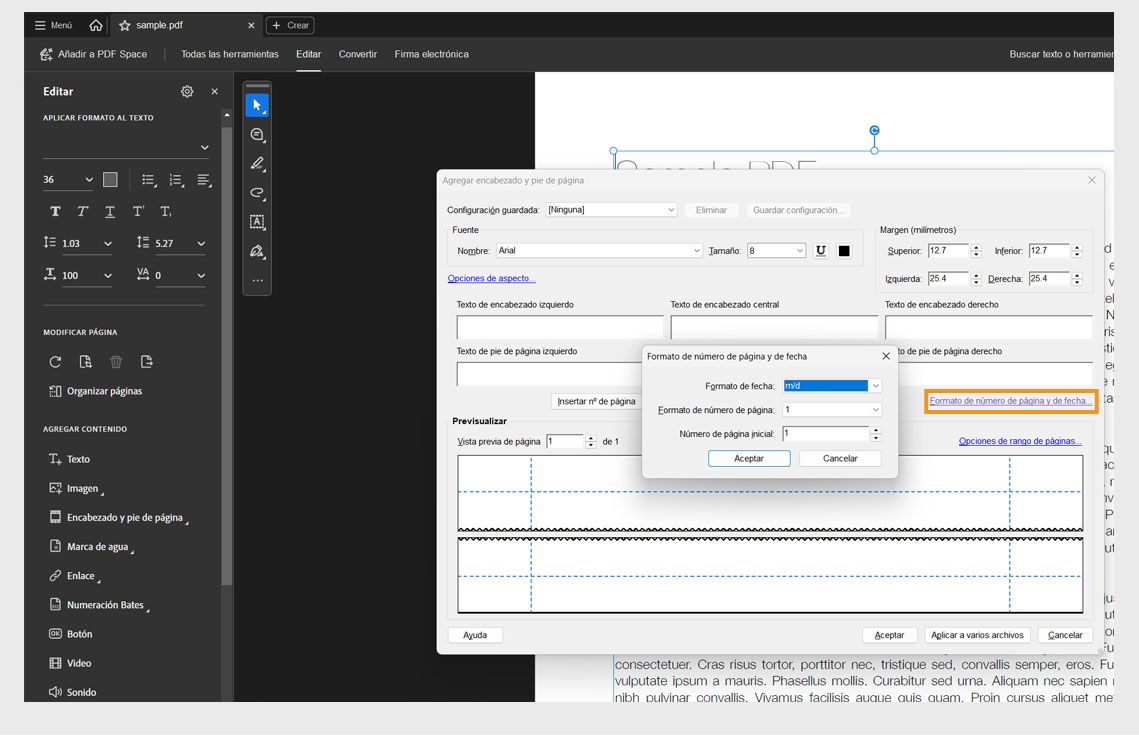 Cuadro de diálogo Formato de número de página y fecha con opciones para establecer el formato de fecha, el formato del número de página y el número de página inicial en un PDF.
