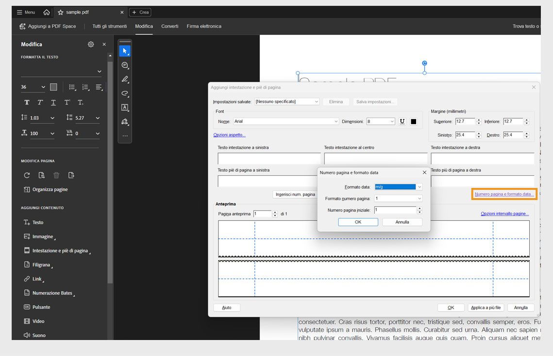 Finestra di dialogo Numero pagina e formato data con opzioni per impostare il formato della data, il formato del numero di pagina e il numero di pagina iniziale in un PDF.