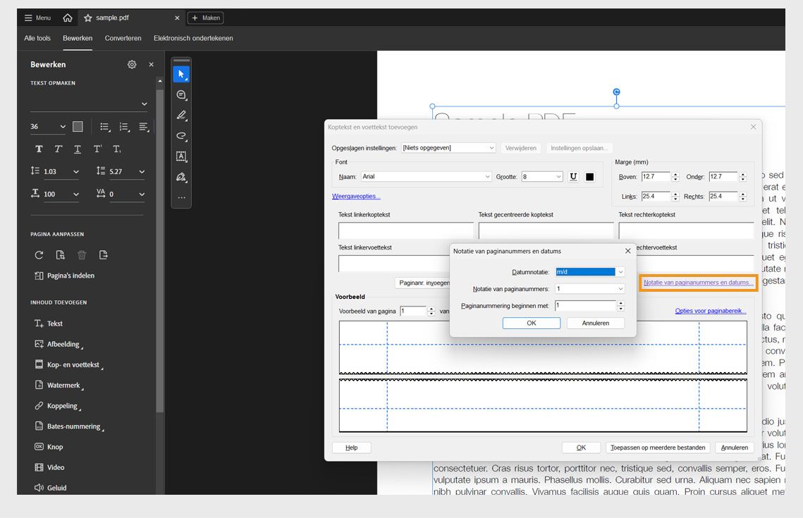 Dialoogvenster Paginanummer- en datumnotatie met opties om de datumnotatie, paginanummernotatie en het beginnummer van de pagina in een PDF in te stellen.