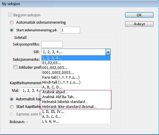 Nummerere sider, seksjoner og kapitler