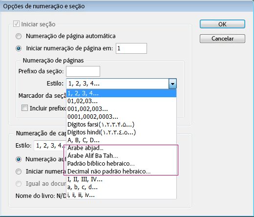 Páginas de numeração, seções e capítulos