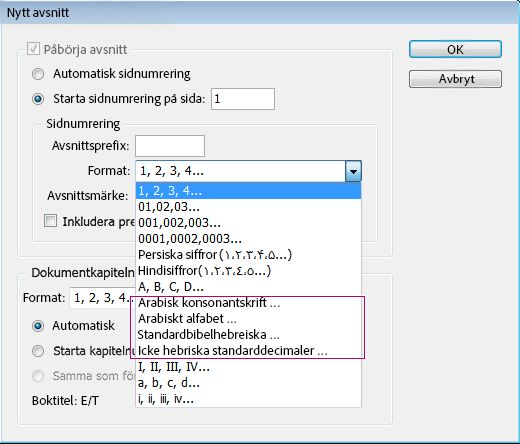 Numrera sidor, avsnitt och kapitel
