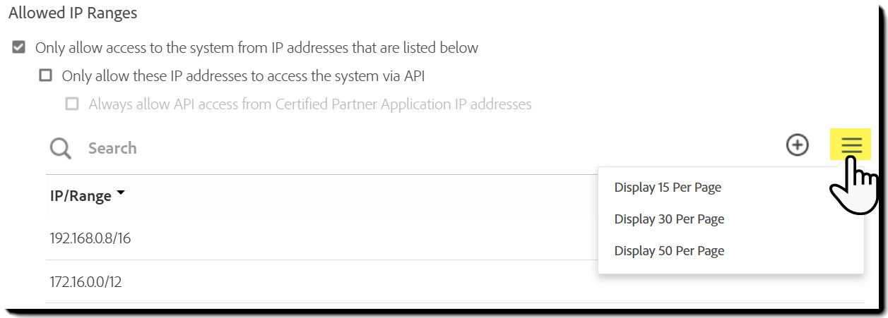 表示された 2 つの CIDR 表記をハイライト表示した、許可する IP アドレスのコントロール。
