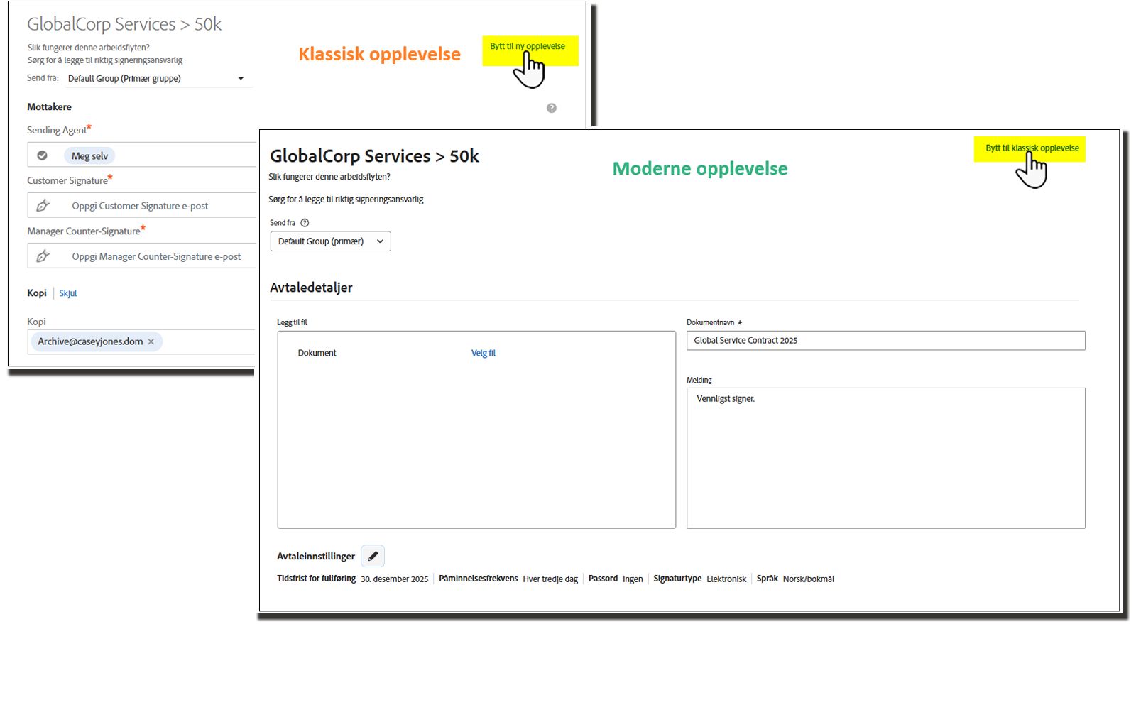 Det klassiske grensesnittet med det moderne grensesnittet forskjøvet over det, og bytt lenker uthevet