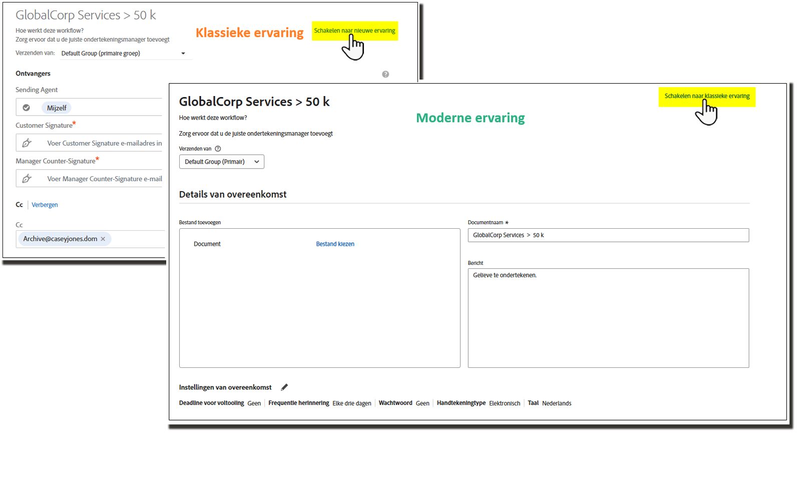 De klassieke gebruikersinterface met de moderne gebruikersinterface erboven en de schakelkoppelingen gemarkeerd