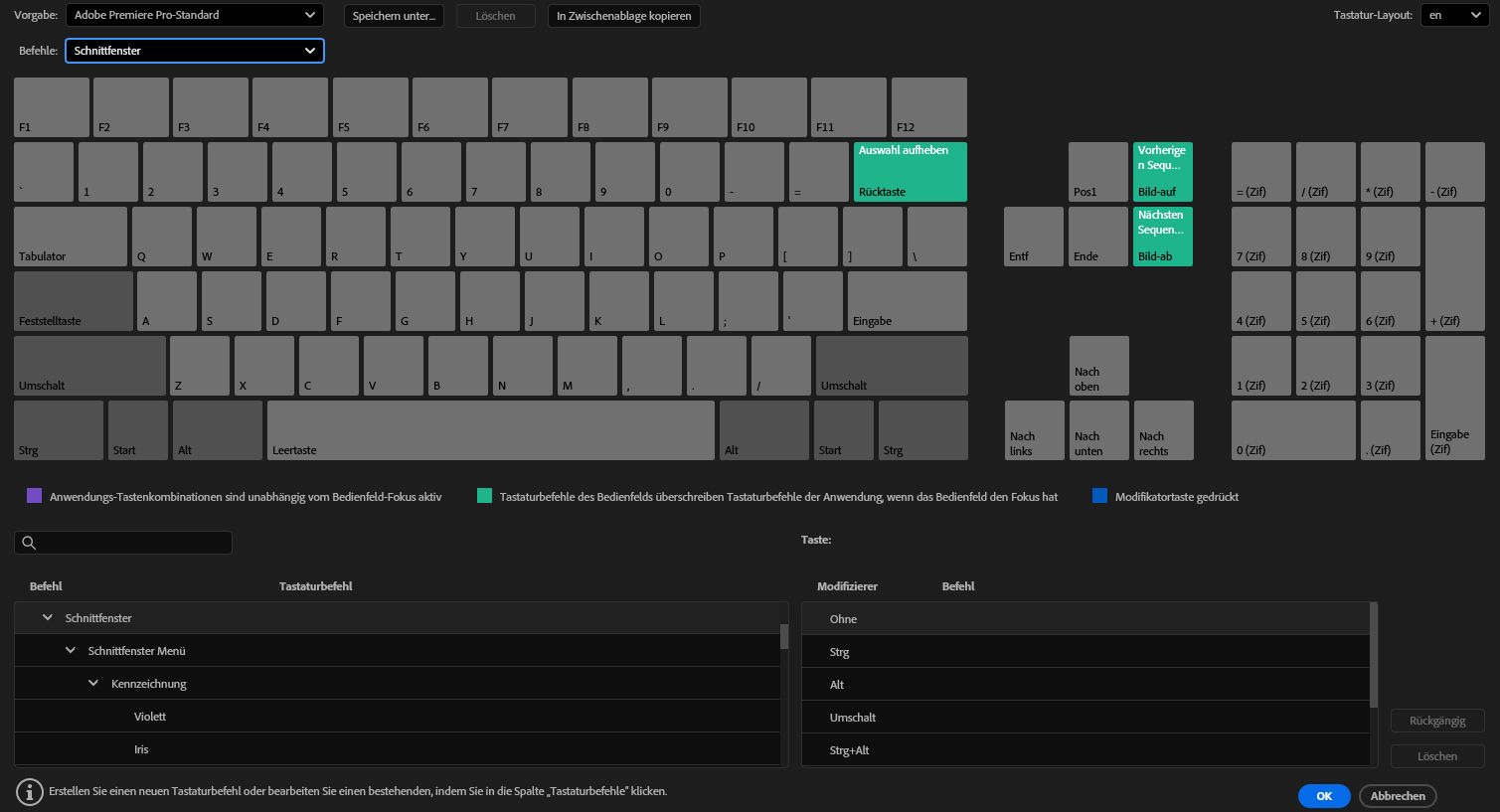 Ein Bild mit Bedienfeld-Tastaturbefehlen zeigt grün schattierte Tasten, mit denen Tastaturbefehle dargestellt werden, die nur funktionieren, wenn ein bestimmtes Bedienfeld in Premiere Pro aktiv ist.