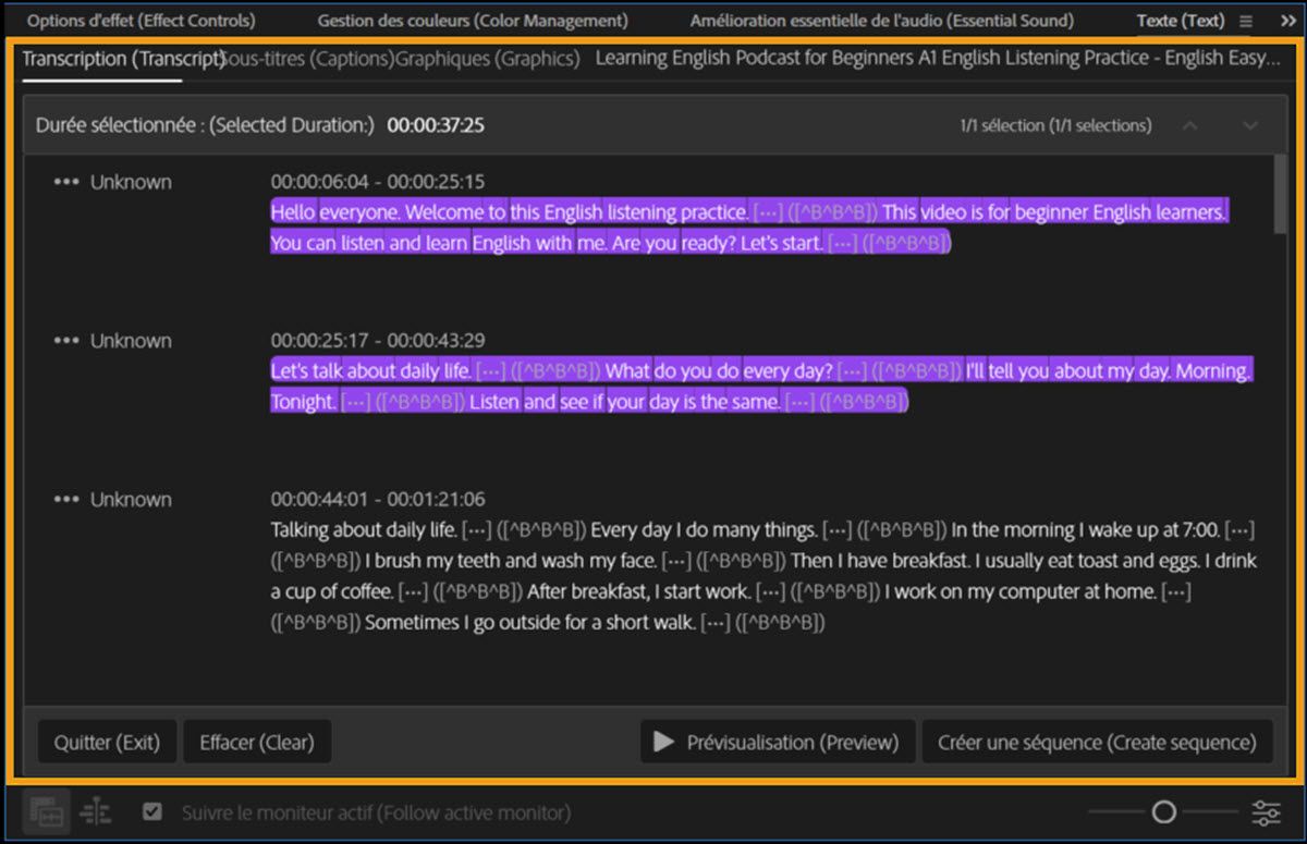 Le mode Paper Edit du panneau Texte affiche plusieurs lignes de transcription sélectionnées en violet. Le panneau affiche la durée sélectionnée et le nombre de sélections, avec les boutons Sortie, Effacer, Aperçu et Créer une nouvelle séquence en bas.