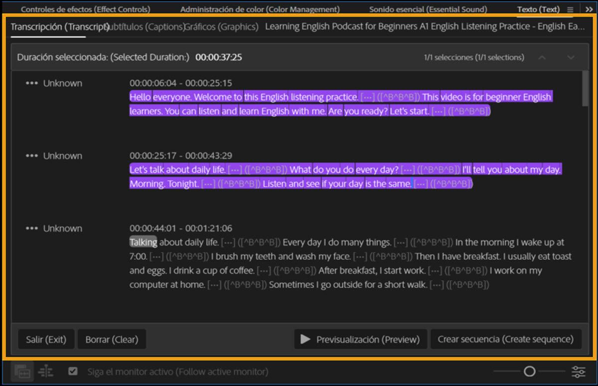 El modo Paper Edit en el panel Texto muestra múltiples líneas de transcripción seleccionadas en púrpura. El panel muestra la duración seleccionada y el recuento de selecciones, con los botones Salida, Borrar, Vista previa y Crear nueva secuencia en la parte inferior.