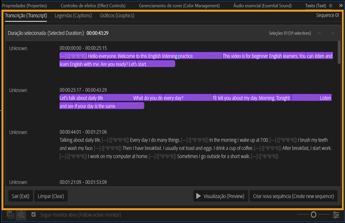 O modo Paper Edit no painel Texto mostra múltiplas linhas de transcrição selecionadas em roxo. O painel exibe a duração selecionada e a contagem de seleções, com os botões Saída, Limpar, Visualização e Criar nova sequência na parte inferior.