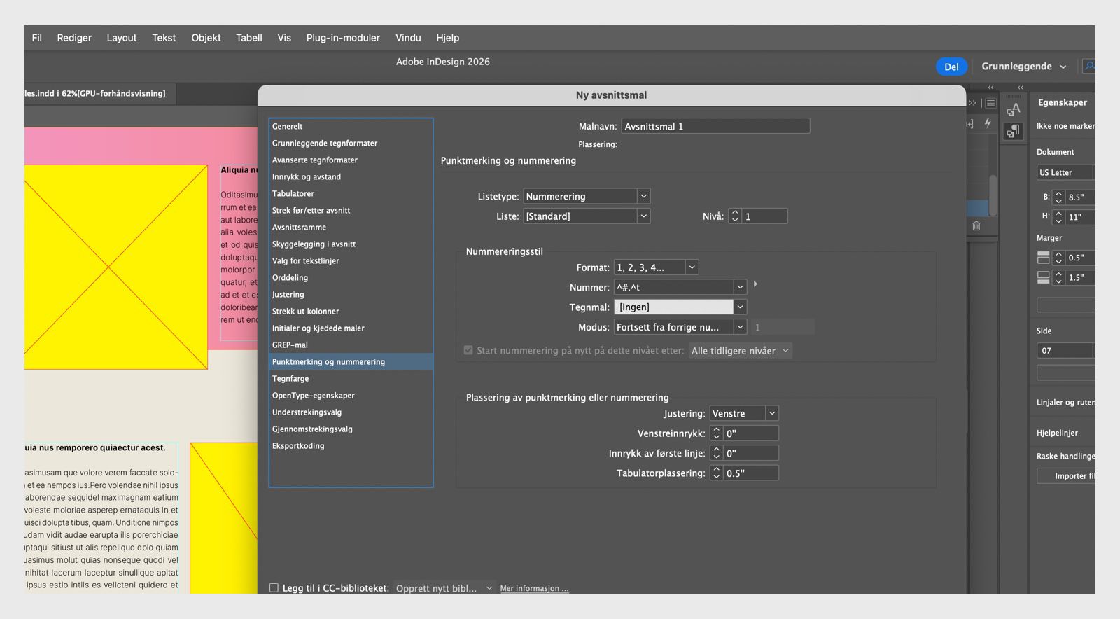 Avsnittstil-panelet som viser kulepunkter og nummereringsalternativer som brukes til å opprette en sammenhengende liste i Adobe InDesign.
