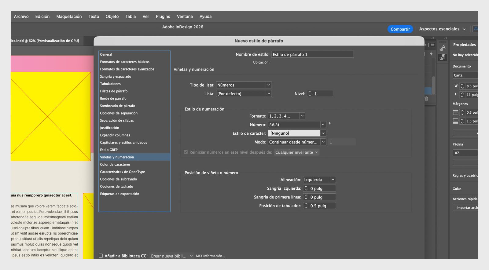Panel Estilos de párrafo mostrando opciones de viñetas y numeración usadas para crear una lista continua en Adobe InDesign.