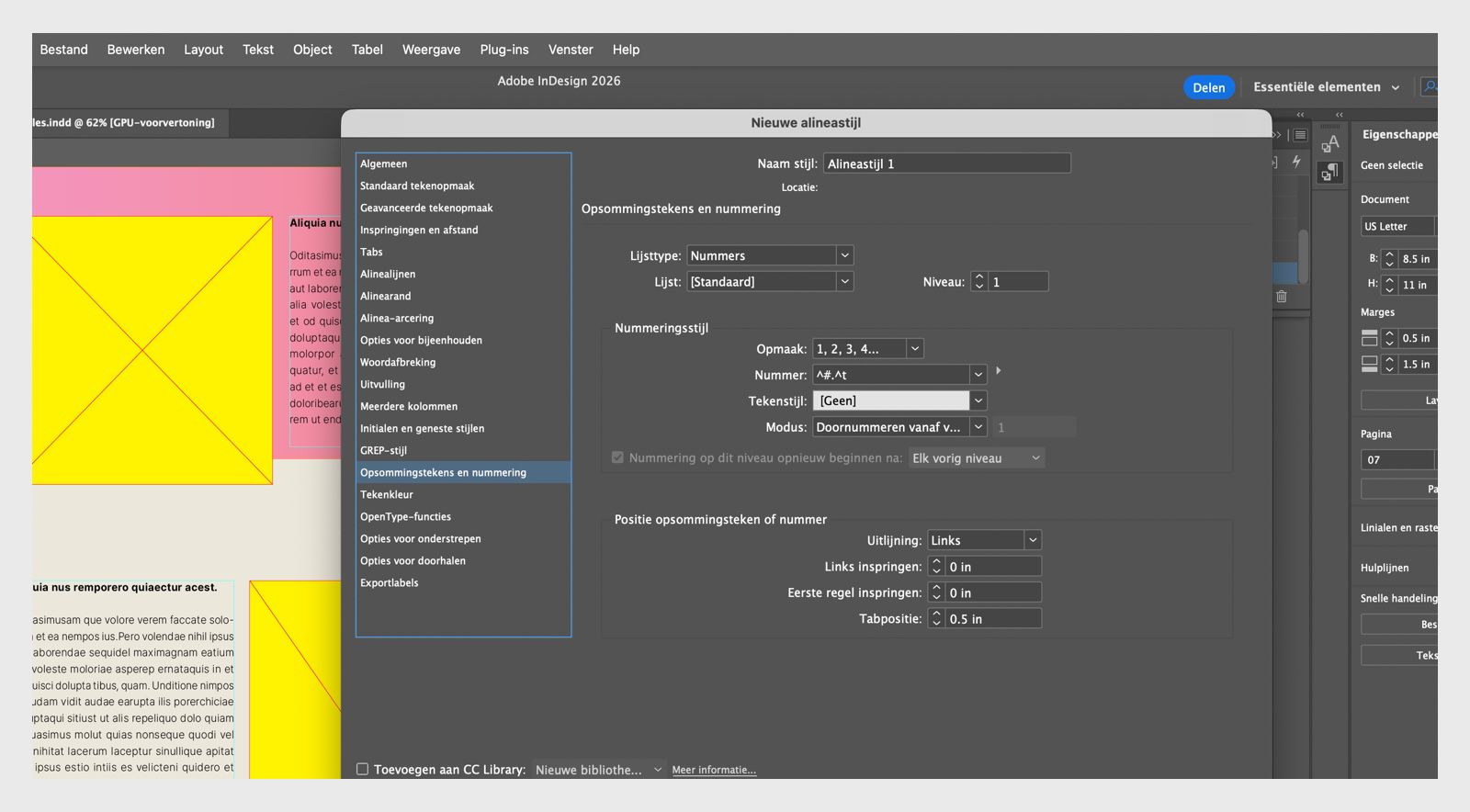 Het paneel Alineastijlen toont opties voor opsommingstekens en nummering die worden gebruikt om een doorlopende lijst te maken in Adobe InDesign.