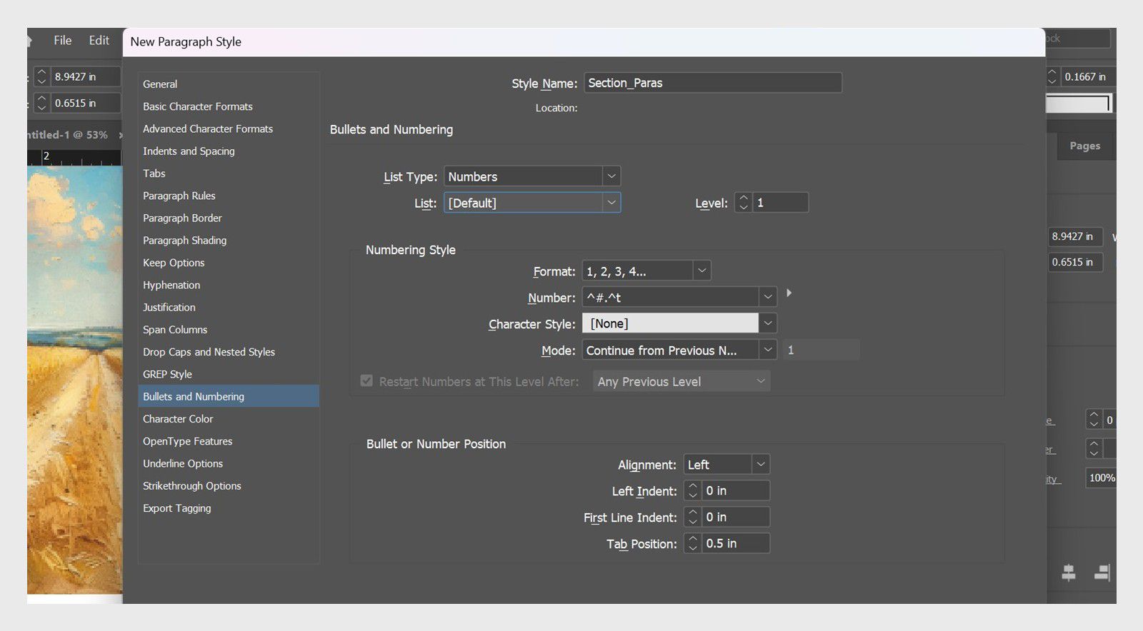 لوحة أنماط الفقرة تعرض خيارات النقاط والترقيم المستخدمة لإنشاء قائمة متواصلة في Adobe InDesign.