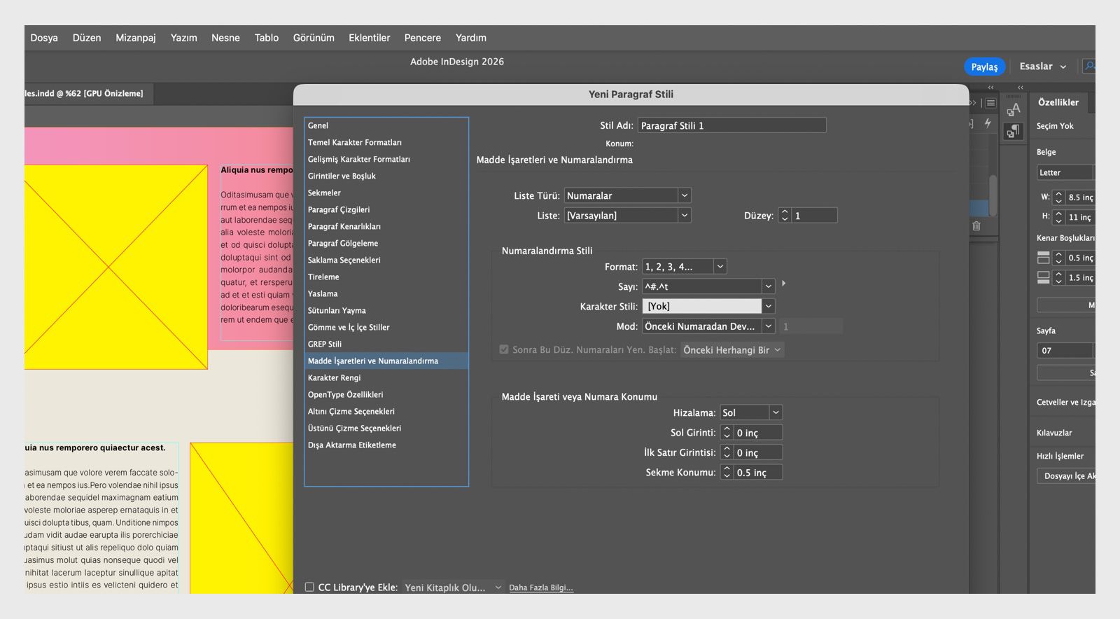 Adobe InDesign'da sürekli liste oluşturmak için kullanılan madde işaretleri ve numaralandırma seçeneklerini gösteren paragraf stili paneli.